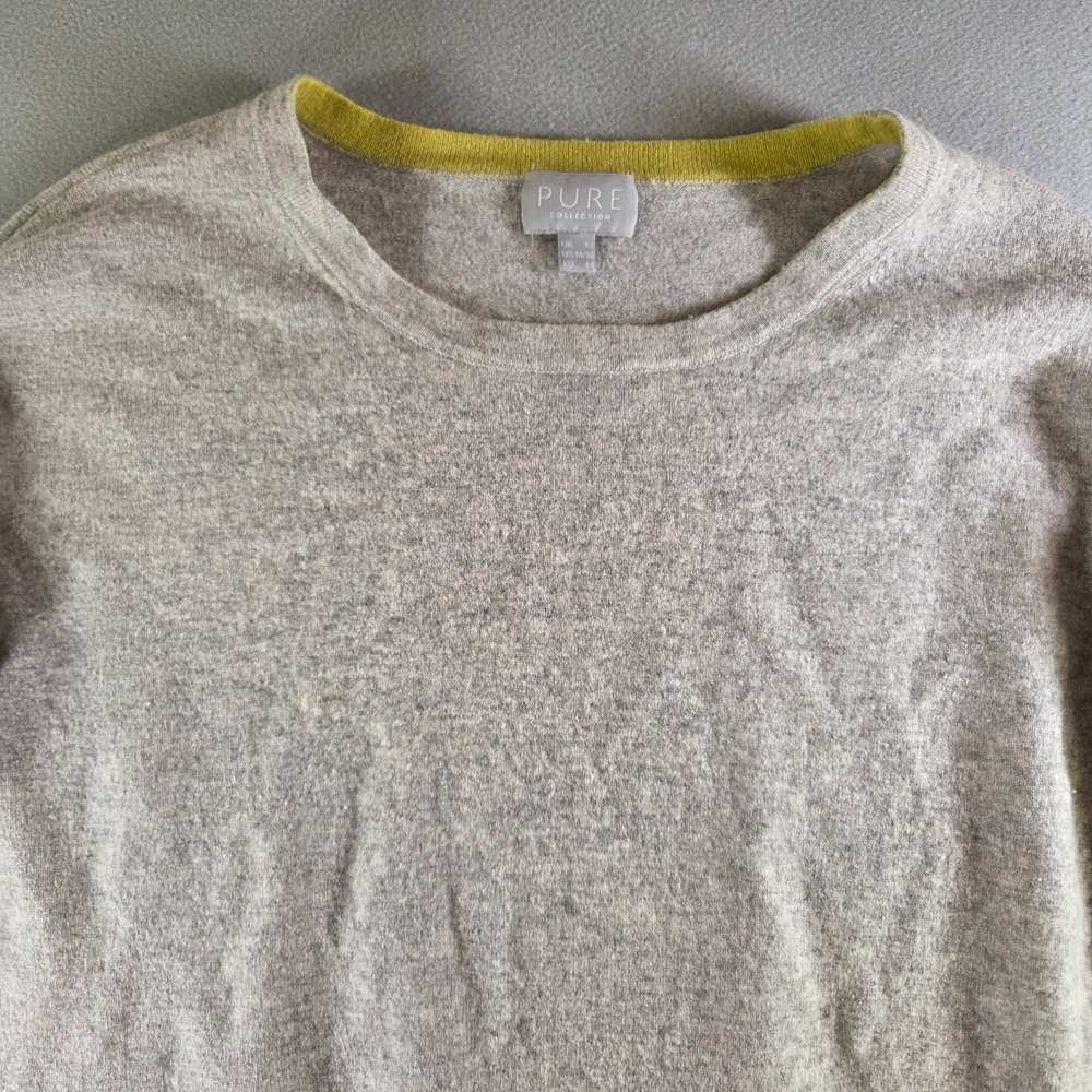 Pure Collection Wool Cashmere Grey Sweater Chartreuse Striped Sleeve US 14/16